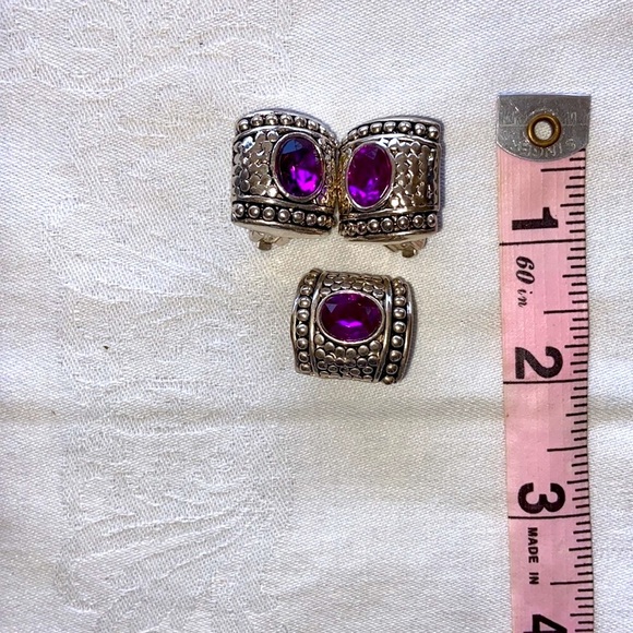 Y2K Pink Slide Pendant and Earrings Set Clip Earrings Antique Silver Tone Metal - Picture 5 of 7